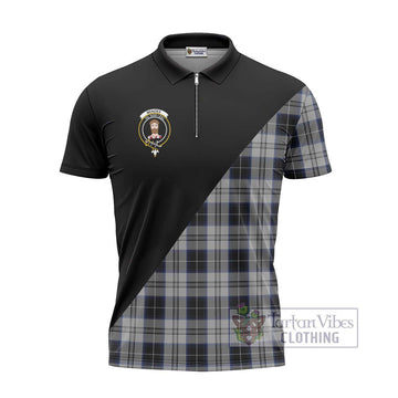 Menzies Black Dress Tartan Zipper Polo Shirt with Family Crest and Military Logo Style