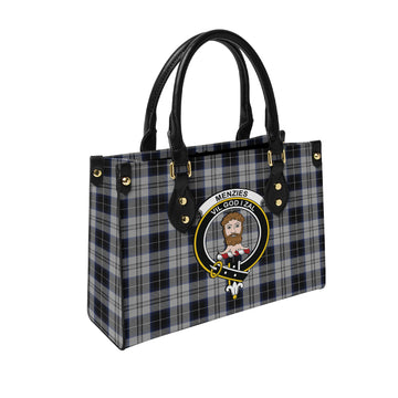 Menzies Black Dress Tartan Leather Bag with Family Crest