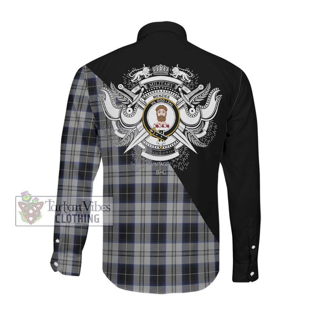 Menzies Black Dress Tartan Long Sleeve Button Shirt with Family Crest and Military Logo Style Men's Shirt - Tartanvibesclothing Shop