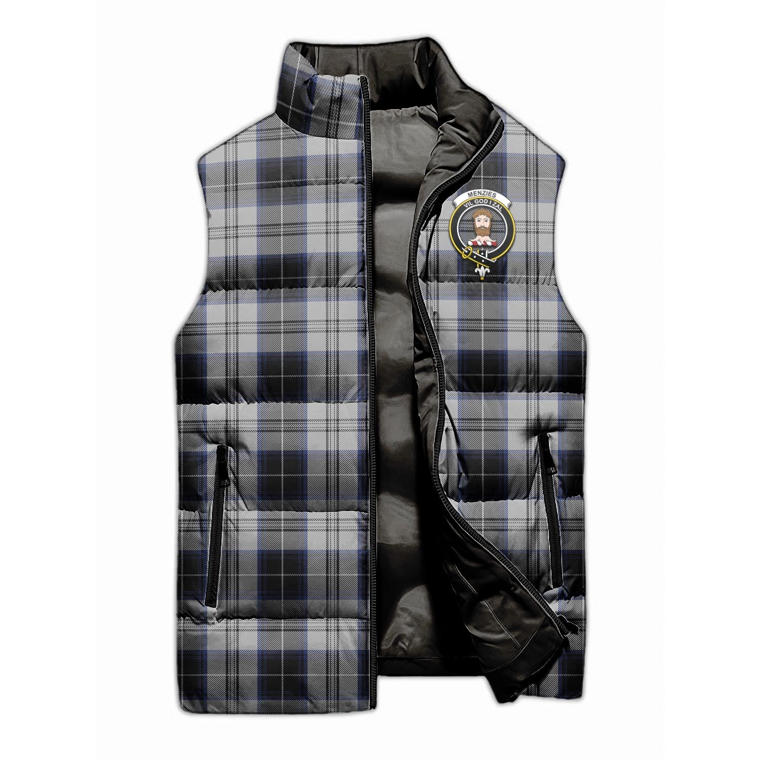 Menzies Black Dress Tartan Sleeveless Puffer Jacket with Family Crest - Tartanvibesclothing