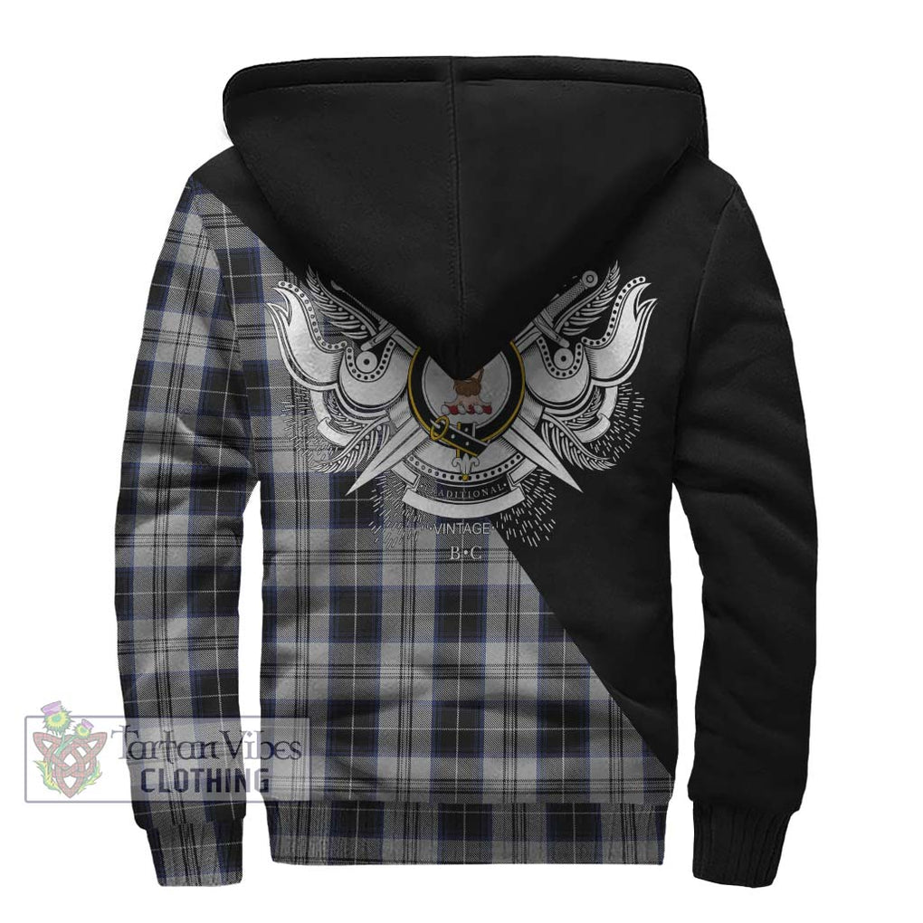 Menzies Black Dress Tartan Sherpa Hoodie with Family Crest and Military Logo Style - Tartanvibesclothing Shop