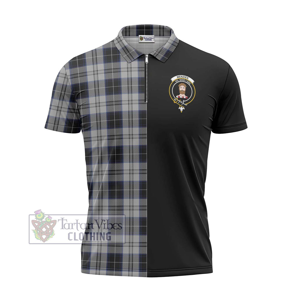 Menzies Black Dress Tartan Zipper Polo Shirt with Family Crest and Half Of Me Style - Tartanvibesclothing Shop