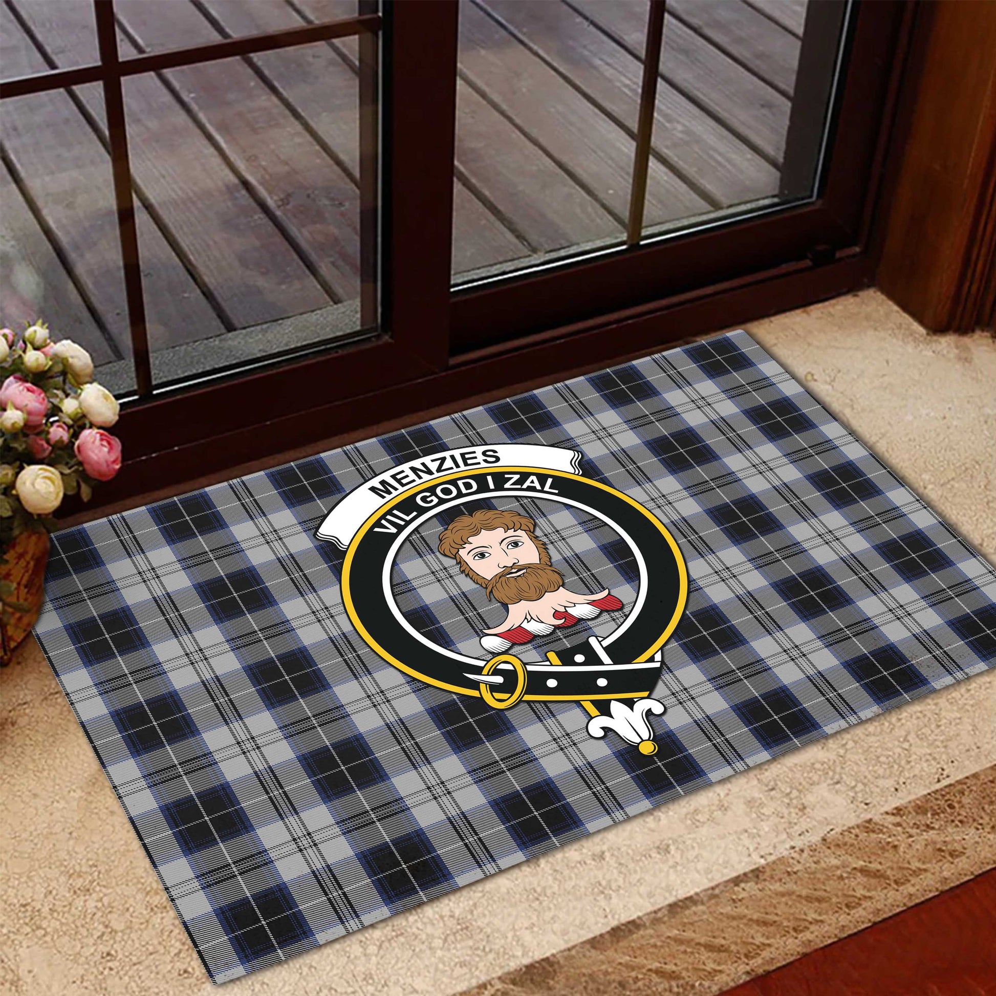 Menzies Black Dress Tartan Door Mat with Family Crest - Tartanvibesclothing