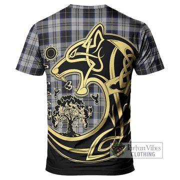 Menzies Black Dress Tartan T-Shirt with Family Crest Celtic Wolf Style