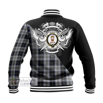 Menzies Black Dress Tartan Baseball Jacket with Family Crest and Military Logo Style