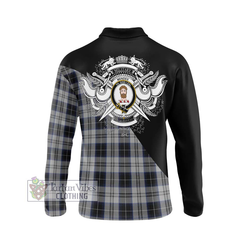 Menzies Black Dress Tartan Long Sleeve Polo Shirt with Family Crest and Military Logo Style - Tartanvibesclothing Shop