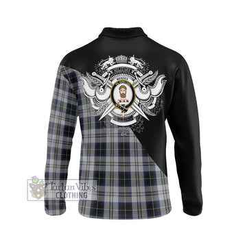 Menzies Black Dress Tartan Long Sleeve Polo Shirt with Family Crest and Military Logo Style