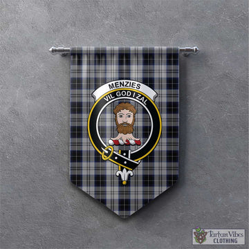 Menzies Black Dress Tartan Gonfalon, Tartan Banner with Family Crest