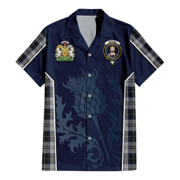 Menzies Black Dress Tartan Short Sleeve Button Up Shirt with Family Crest and Scottish Thistle Vibes Sport Style