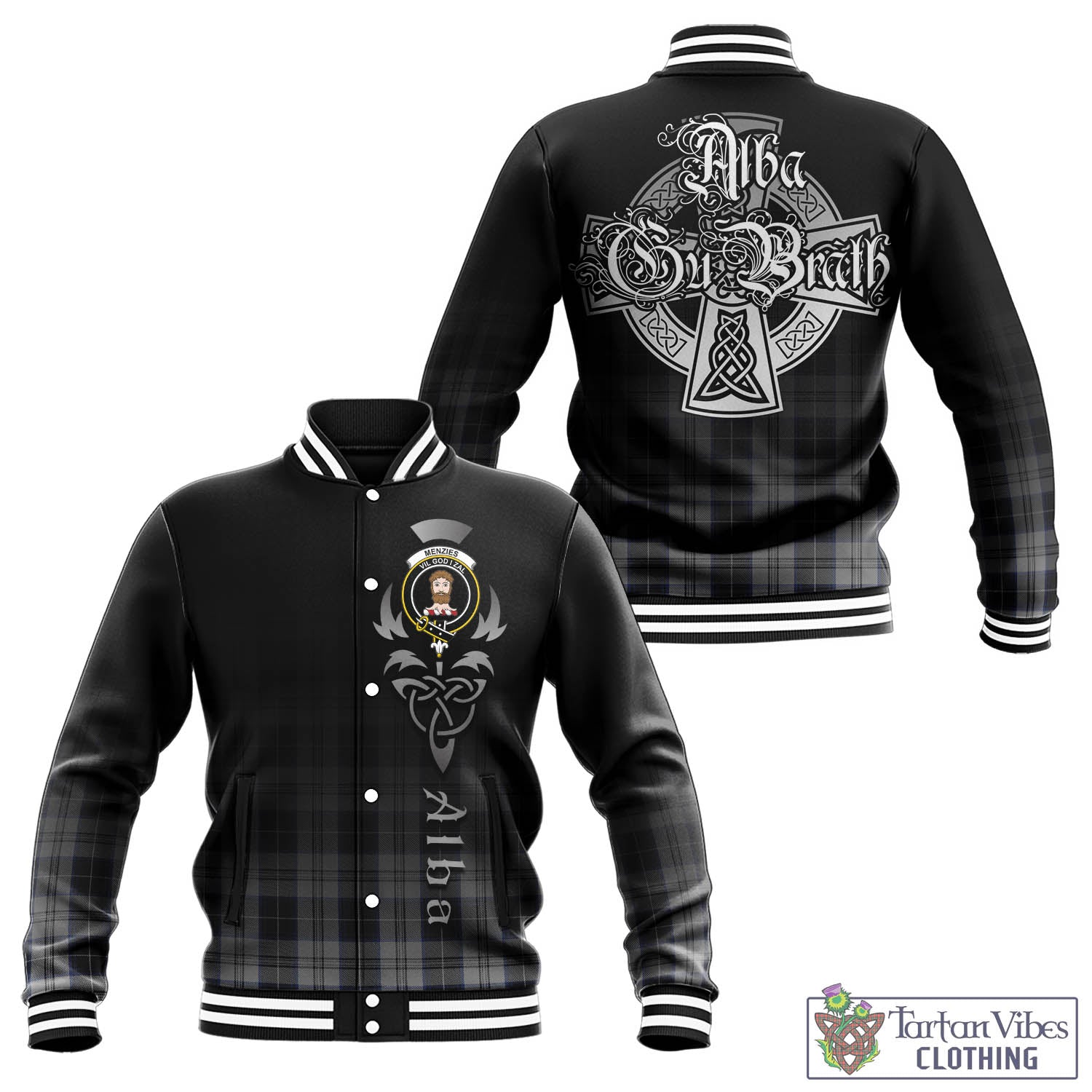 Tartan Vibes Clothing Menzies Black Dress Tartan Baseball Jacket Featuring Alba Gu Brath Family Crest Celtic Inspired