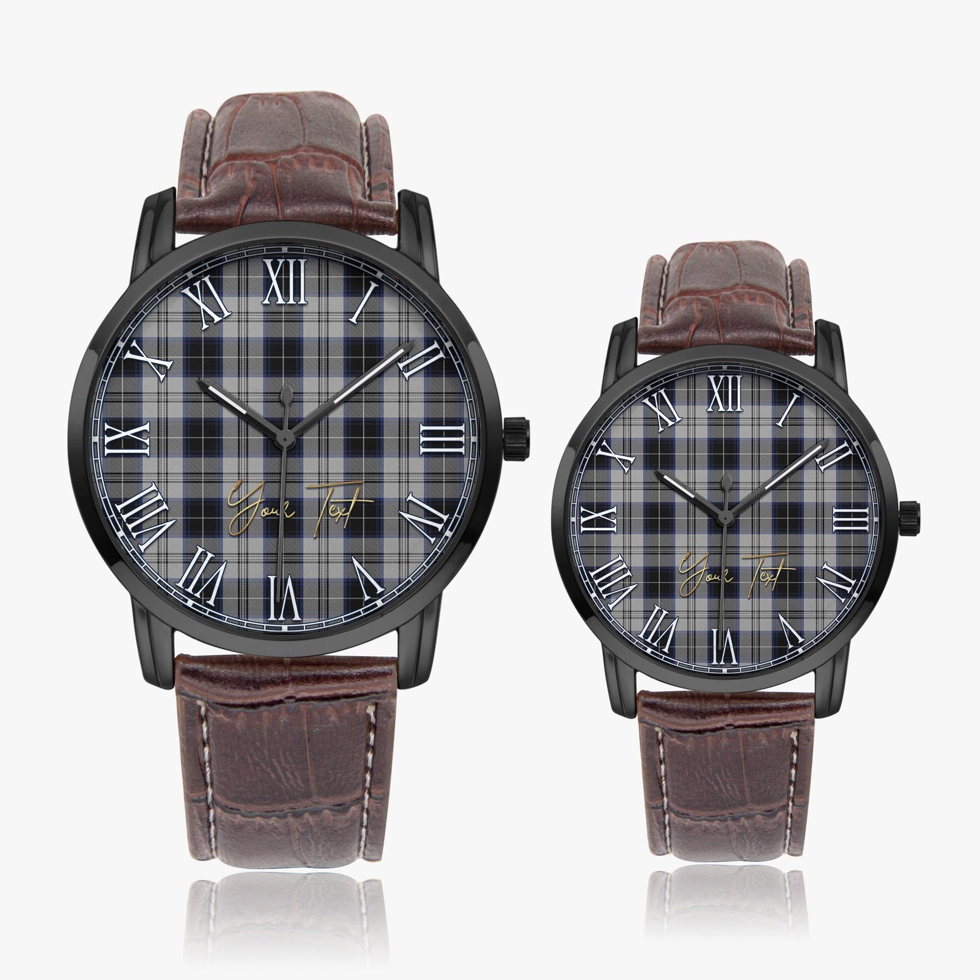 Menzies Black Dress Tartan Personalized Your Text Leather Trap Quartz Watch Wide Type Black Case With Brown Leather Strap - Tartanvibesclothing