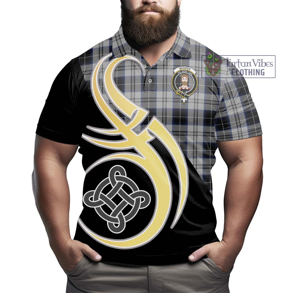 Tartan Vibes Clothing Menzies Black Dress Tartan Polo Shirt with Family Crest and Celtic Symbol Style