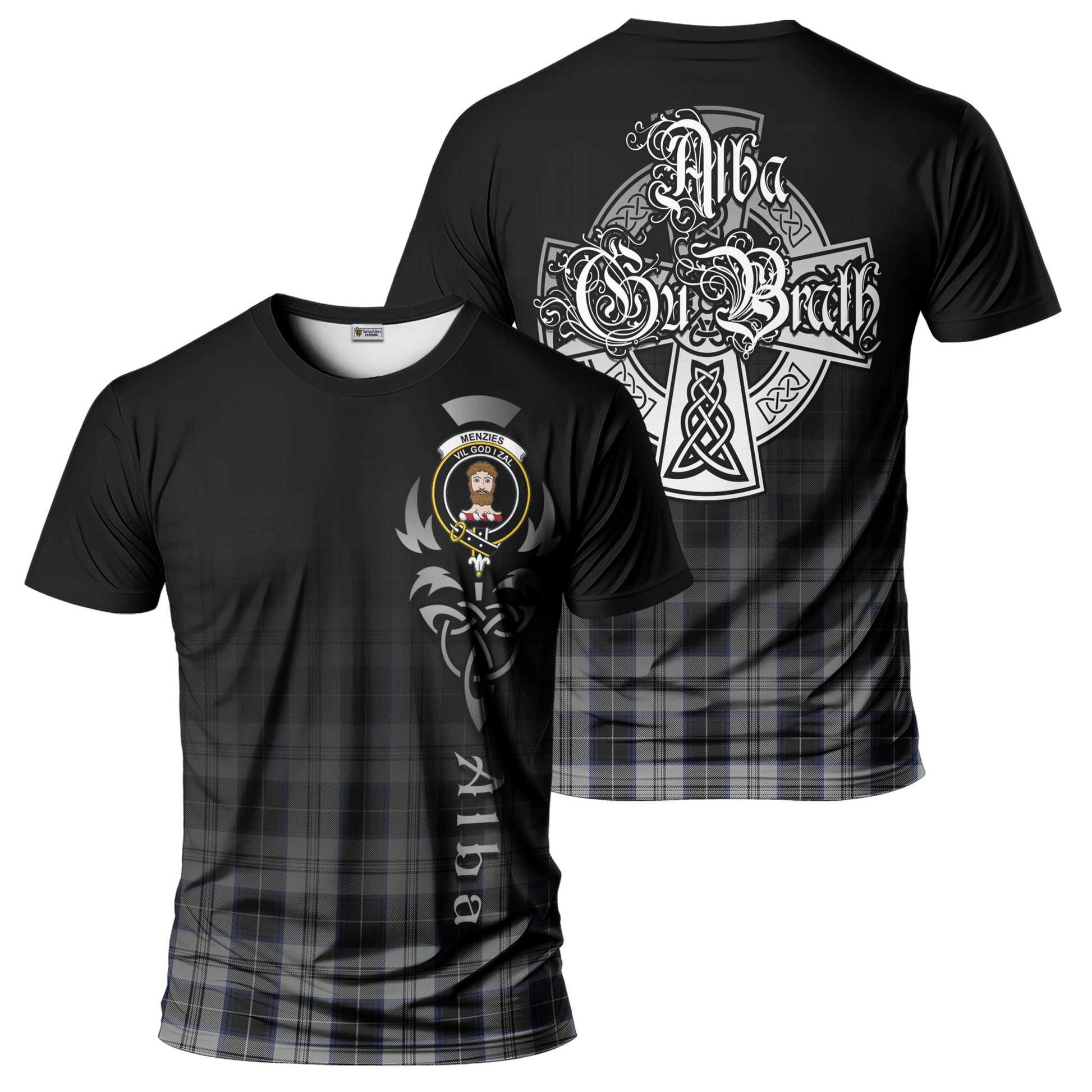 Tartan Vibes Clothing Menzies Black Dress Tartan T-Shirt Featuring Alba Gu Brath Family Crest Celtic Inspired