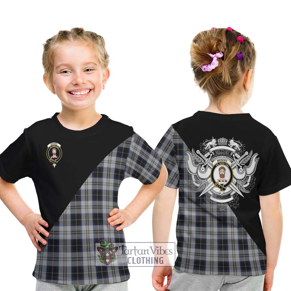 Menzies Black Dress Tartan Kid T-Shirt with Family Crest and Military Logo Style - Tartanvibesclothing Shop