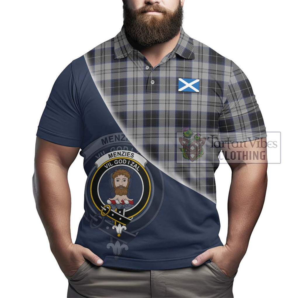 Menzies Black Dress Tartan Polo Shirt with Personalised National Flag and Family Crest Half Style - Tartanvibesclothing Shop