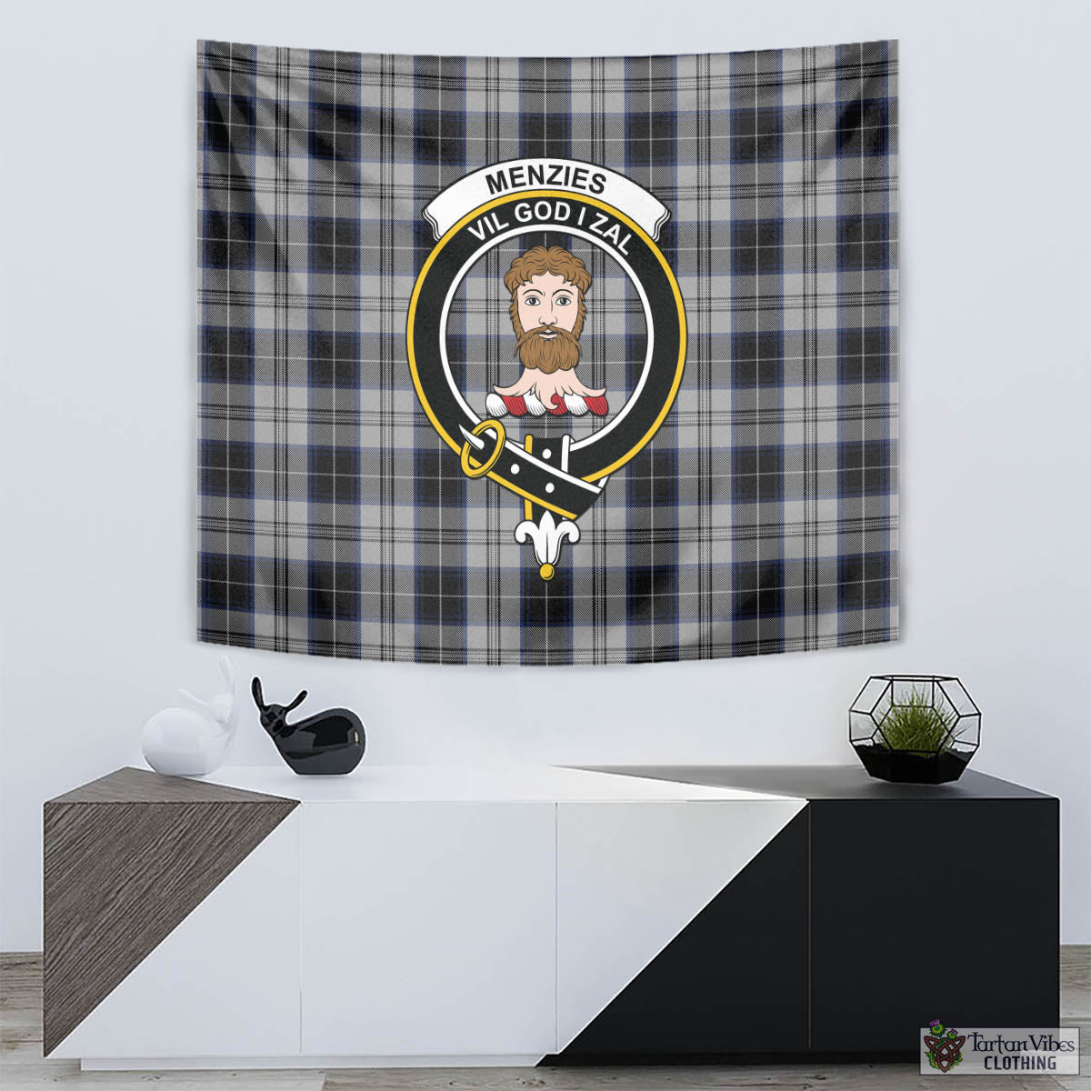 Tartan Vibes Clothing Menzies Black Dress Tartan Tapestry Wall Hanging and Home Decor for Room with Family Crest