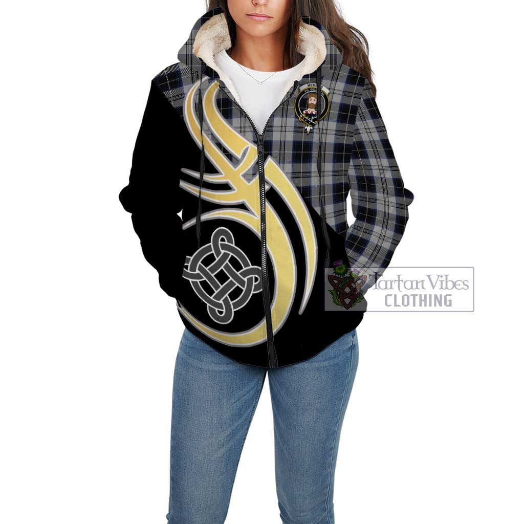 Menzies Black Dress Tartan Sherpa Hoodie with Family Crest and Celtic Symbol Style Unisex - Tartan Vibes Clothing