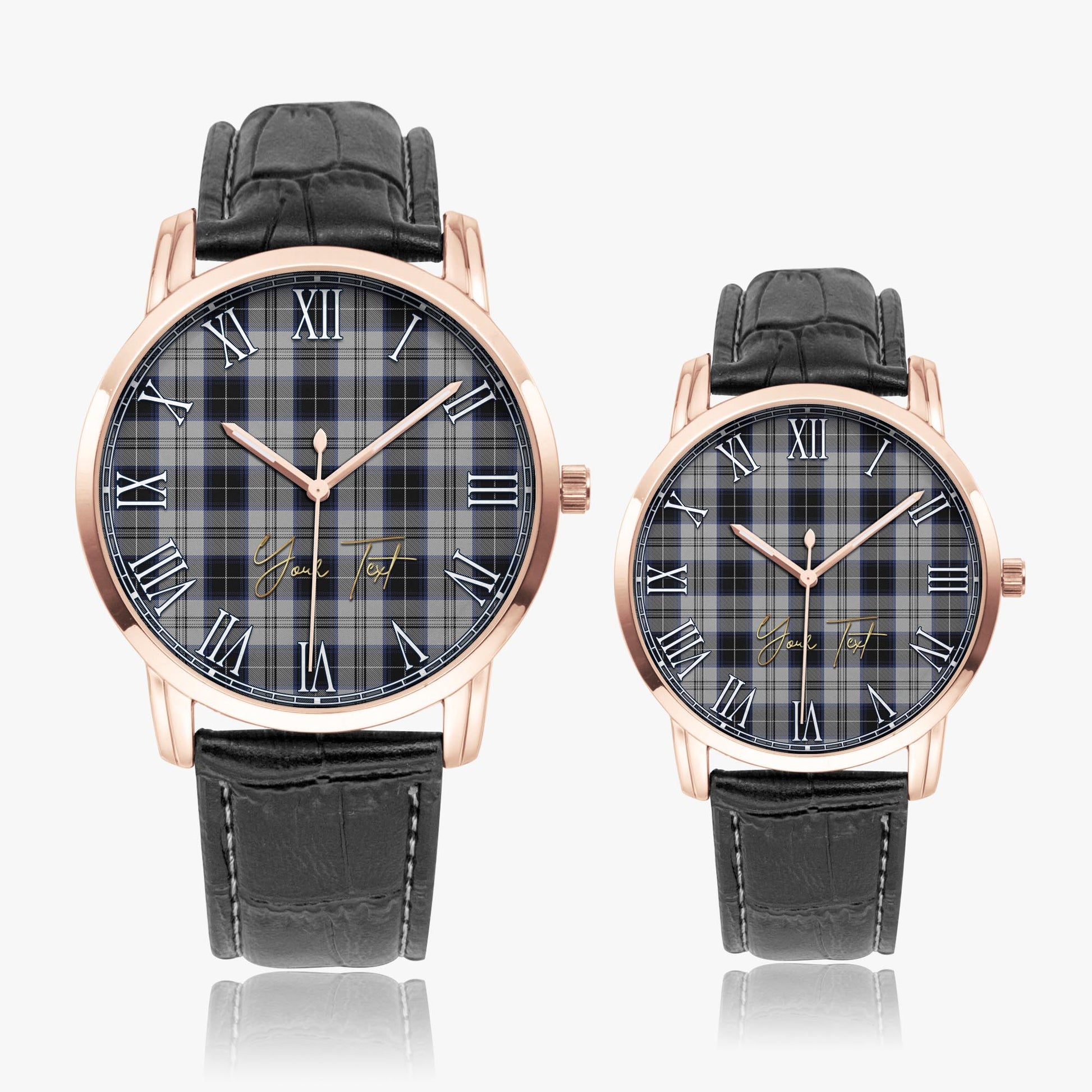 Menzies Black Dress Tartan Personalized Your Text Leather Trap Quartz Watch Wide Type Rose Gold Case With Black Leather Strap - Tartanvibesclothing