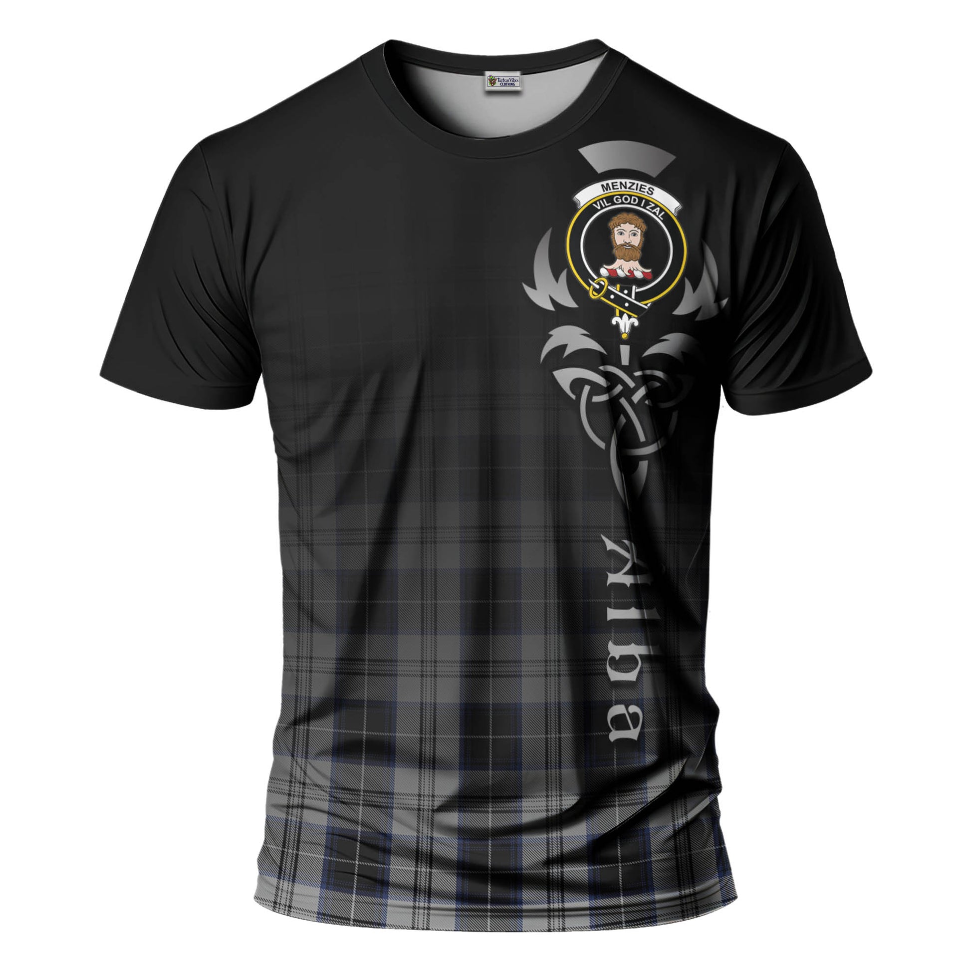 Tartan Vibes Clothing Menzies Black Dress Tartan T-Shirt Featuring Alba Gu Brath Family Crest Celtic Inspired