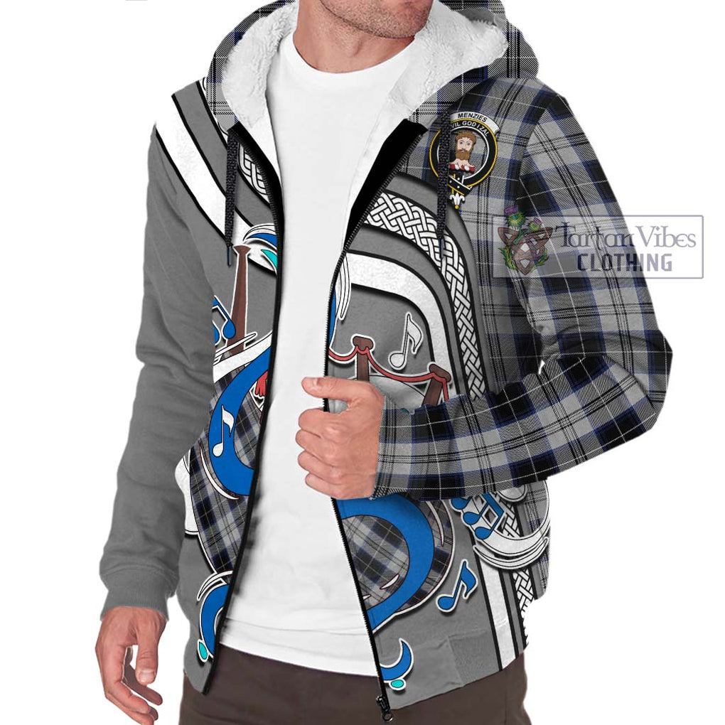 Menzies Black Dress Tartan Sherpa Hoodie with Epic Bagpipe Style Unisex - Tartanvibesclothing Shop