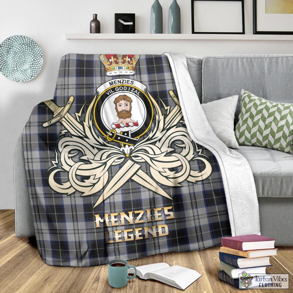 Tartan Vibes Clothing Menzies Black Dress Tartan Blanket with Clan Crest and the Golden Sword of Courageous Legacy