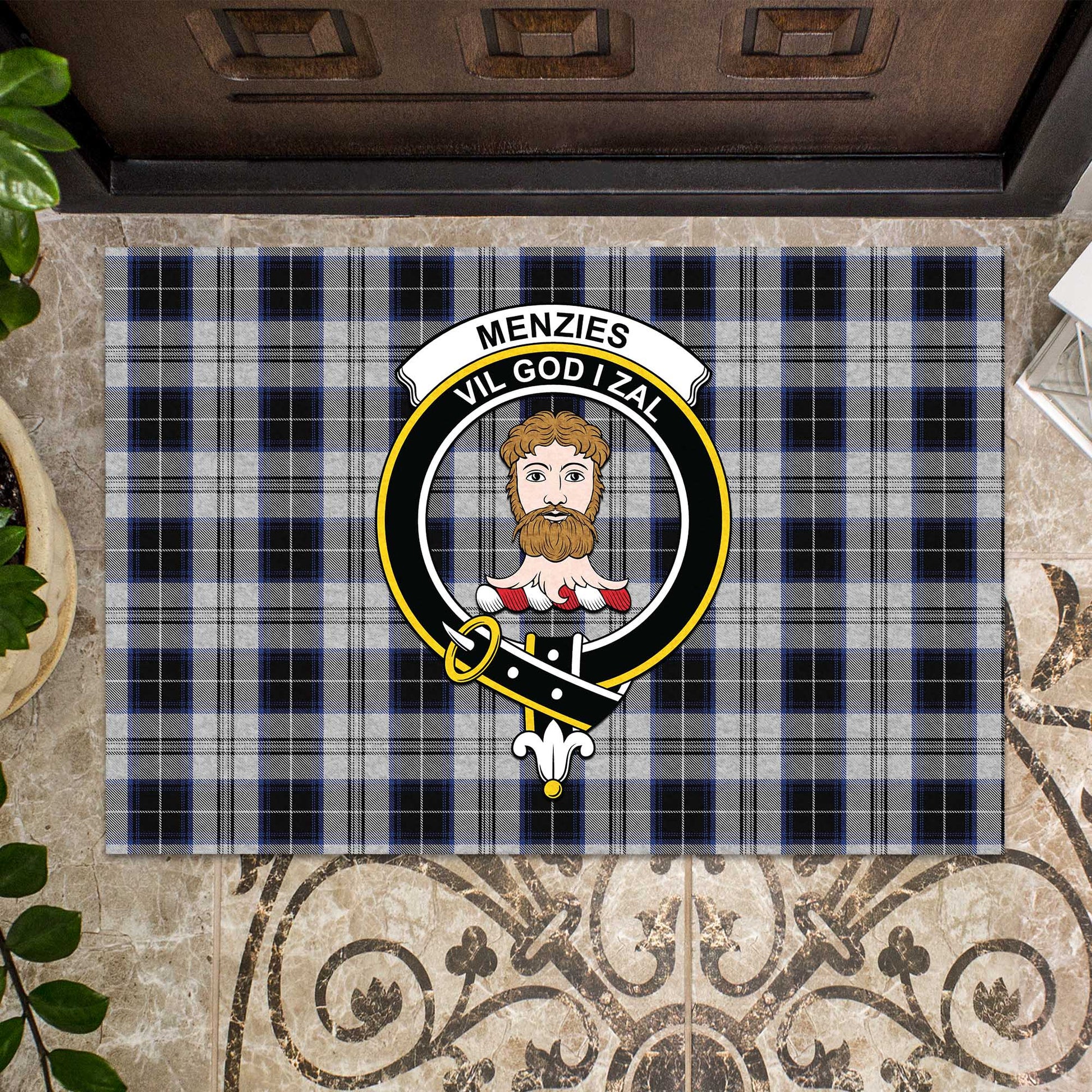 Menzies Black Dress Tartan Door Mat with Family Crest - Tartanvibesclothing