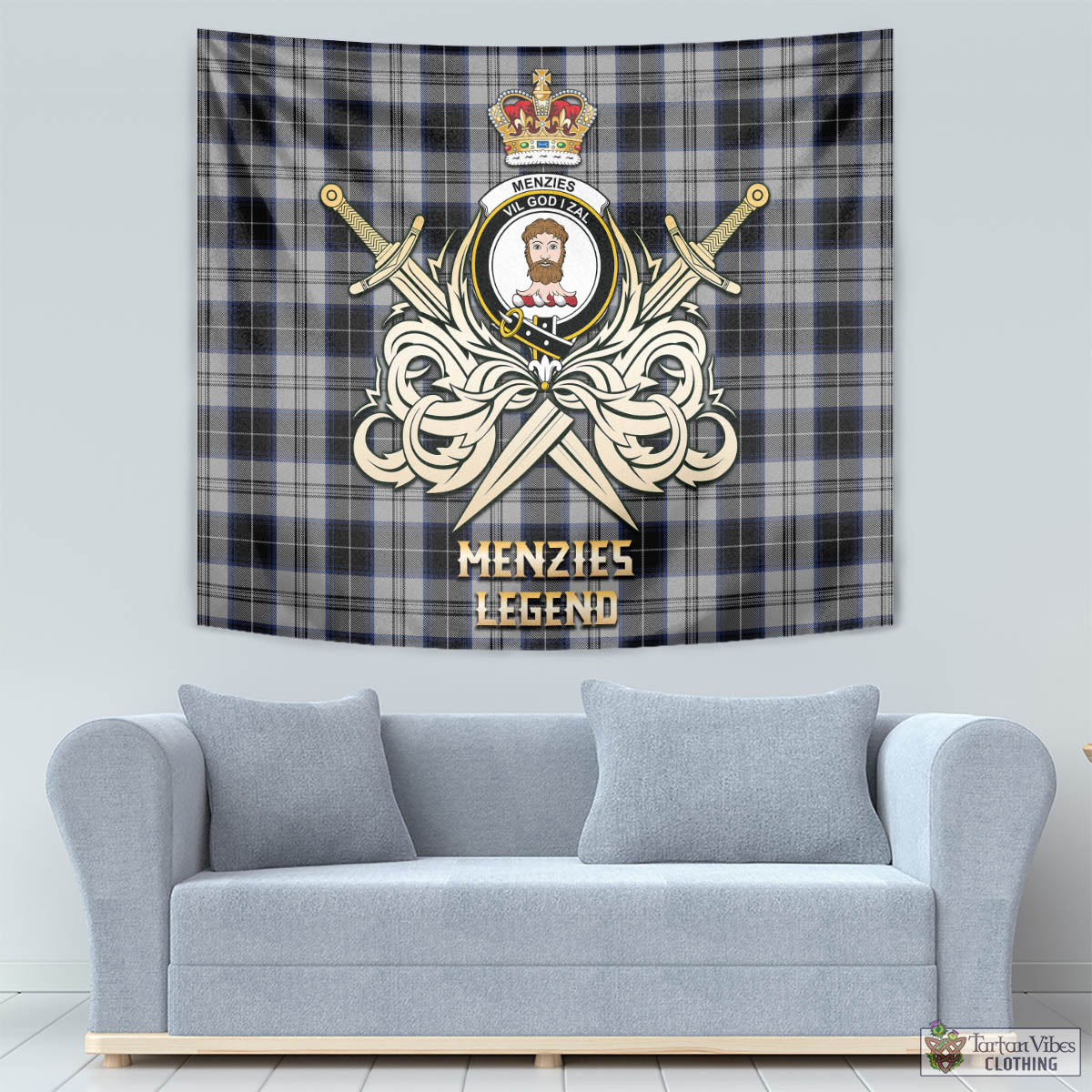 Tartan Vibes Clothing Menzies Black Dress Tartan Tapestry with Clan Crest and the Golden Sword of Courageous Legacy