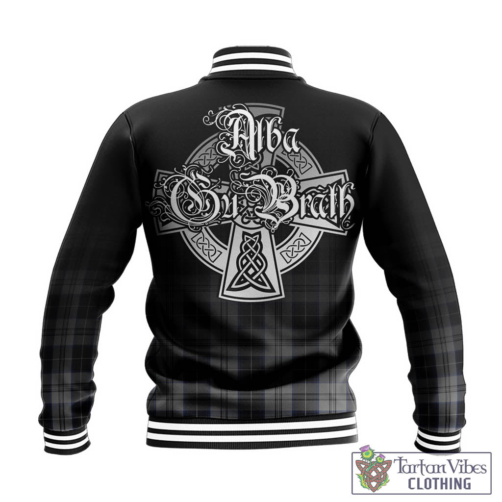 Tartan Vibes Clothing Menzies Black Dress Tartan Baseball Jacket Featuring Alba Gu Brath Family Crest Celtic Inspired