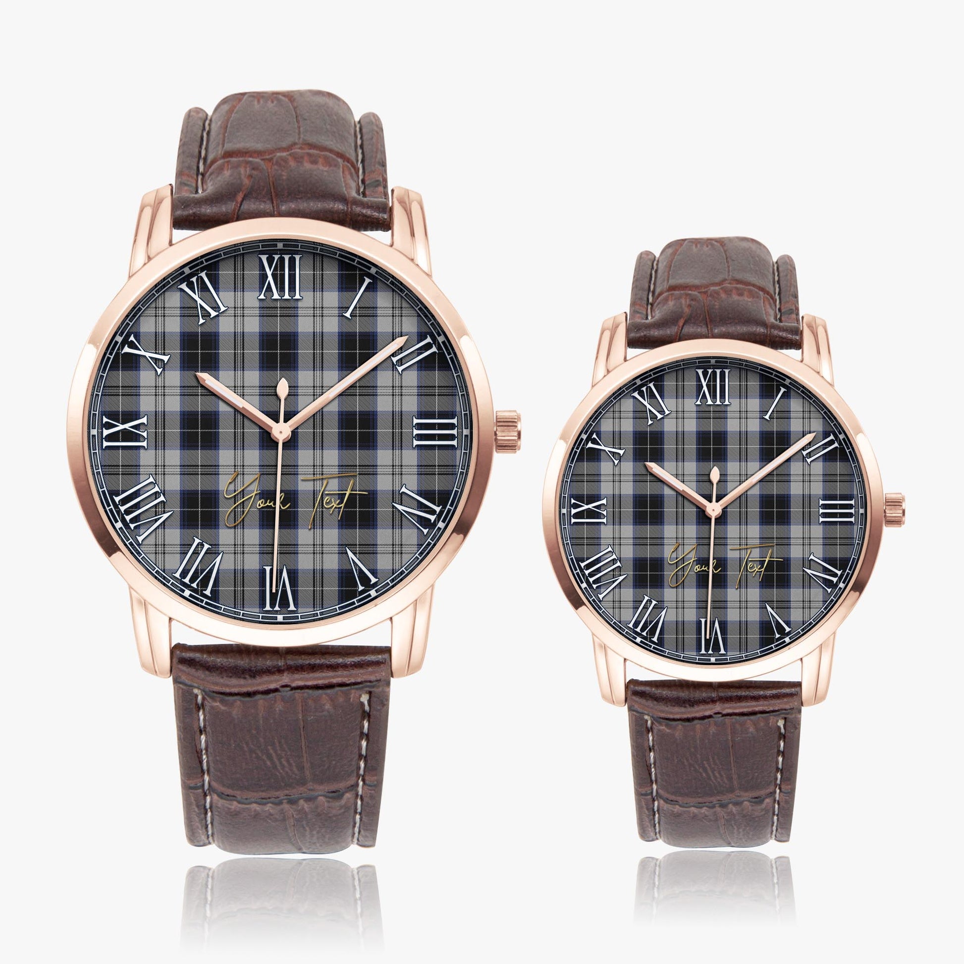 Menzies Black Dress Tartan Personalized Your Text Leather Trap Quartz Watch Wide Type Rose Gold Case With Brown Leather Strap - Tartanvibesclothing