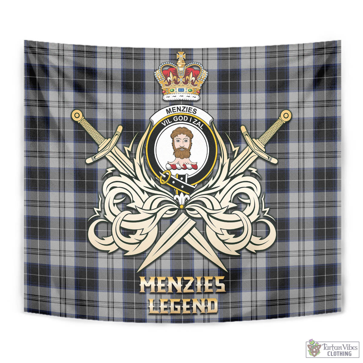 Tartan Vibes Clothing Menzies Black Dress Tartan Tapestry with Clan Crest and the Golden Sword of Courageous Legacy