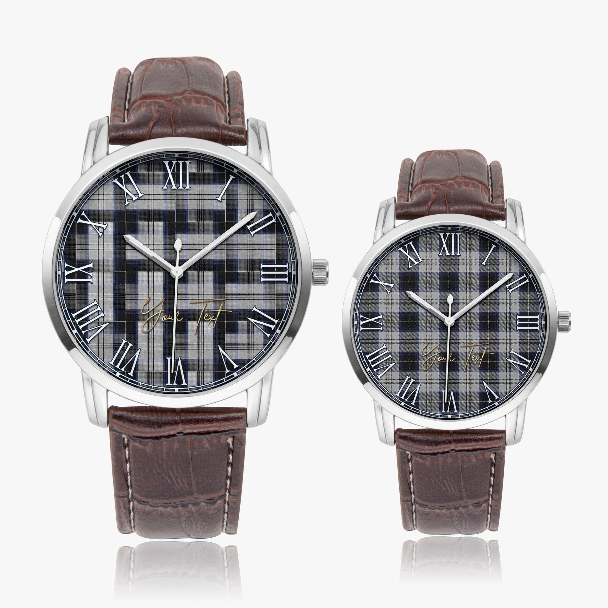 Menzies Black Dress Tartan Personalized Your Text Leather Trap Quartz Watch Wide Type Silver Case With Brown Leather Strap - Tartanvibesclothing