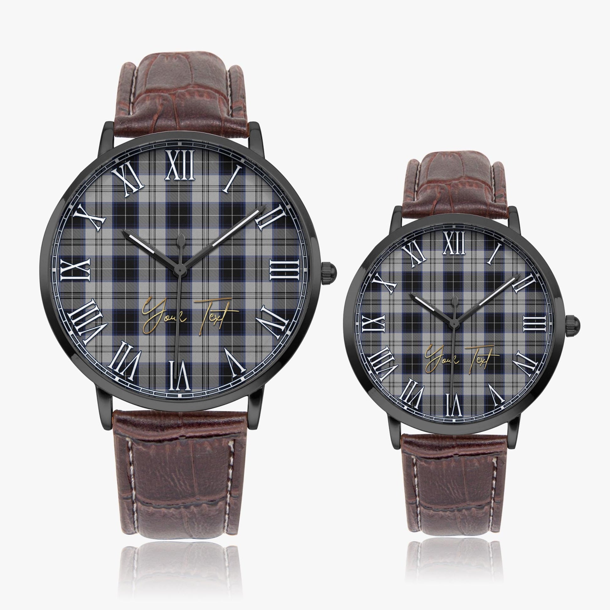 Menzies Black Dress Tartan Personalized Your Text Leather Trap Quartz Watch Ultra Thin Black Case With Brown Leather Strap - Tartanvibesclothing