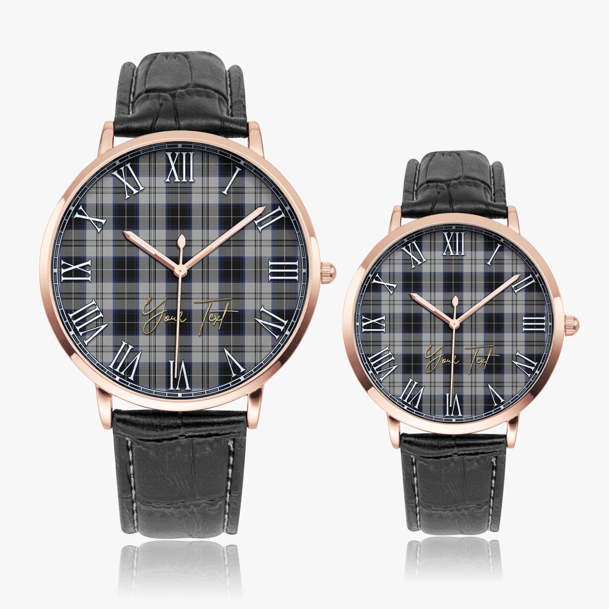 Menzies Black Dress Tartan Personalized Your Text Leather Trap Quartz Watch Ultra Thin Rose Gold Case With Black Leather Strap - Tartanvibesclothing