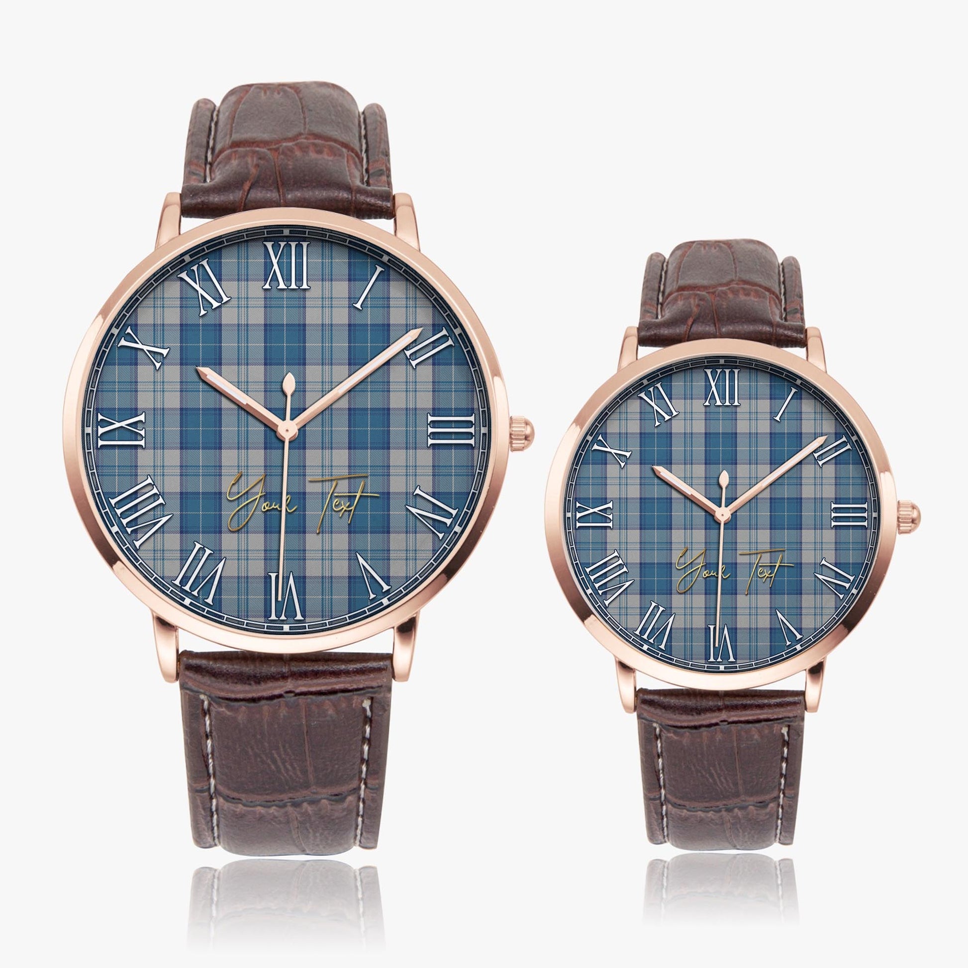 Menzies Dress Blue and White Tartan Personalized Your Text Leather Trap Quartz Watch Ultra Thin Rose Gold Case With Brown Leather Strap - Tartanvibesclothing