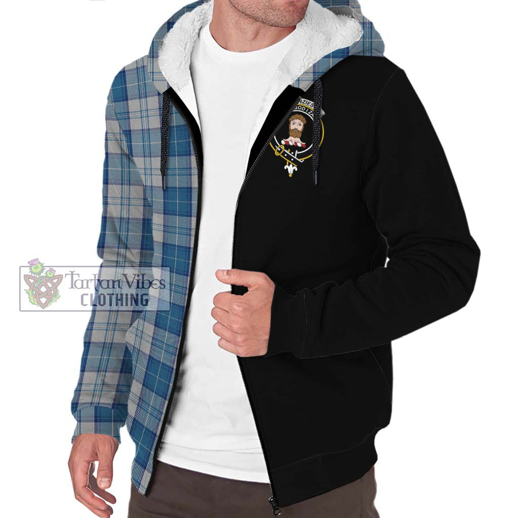 Menzies Dress Blue and White Tartan Sherpa Hoodie with Family Crest and Half Of Me Style Unisex S - Tartanvibesclothing Shop