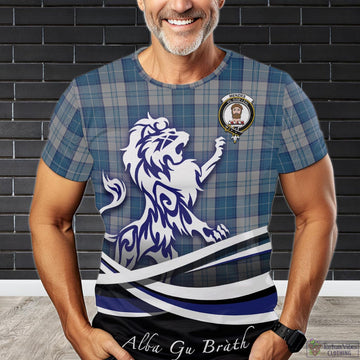 Menzies Dress Blue and White Tartan T-Shirt with Alba Gu Brath Regal Lion Emblem