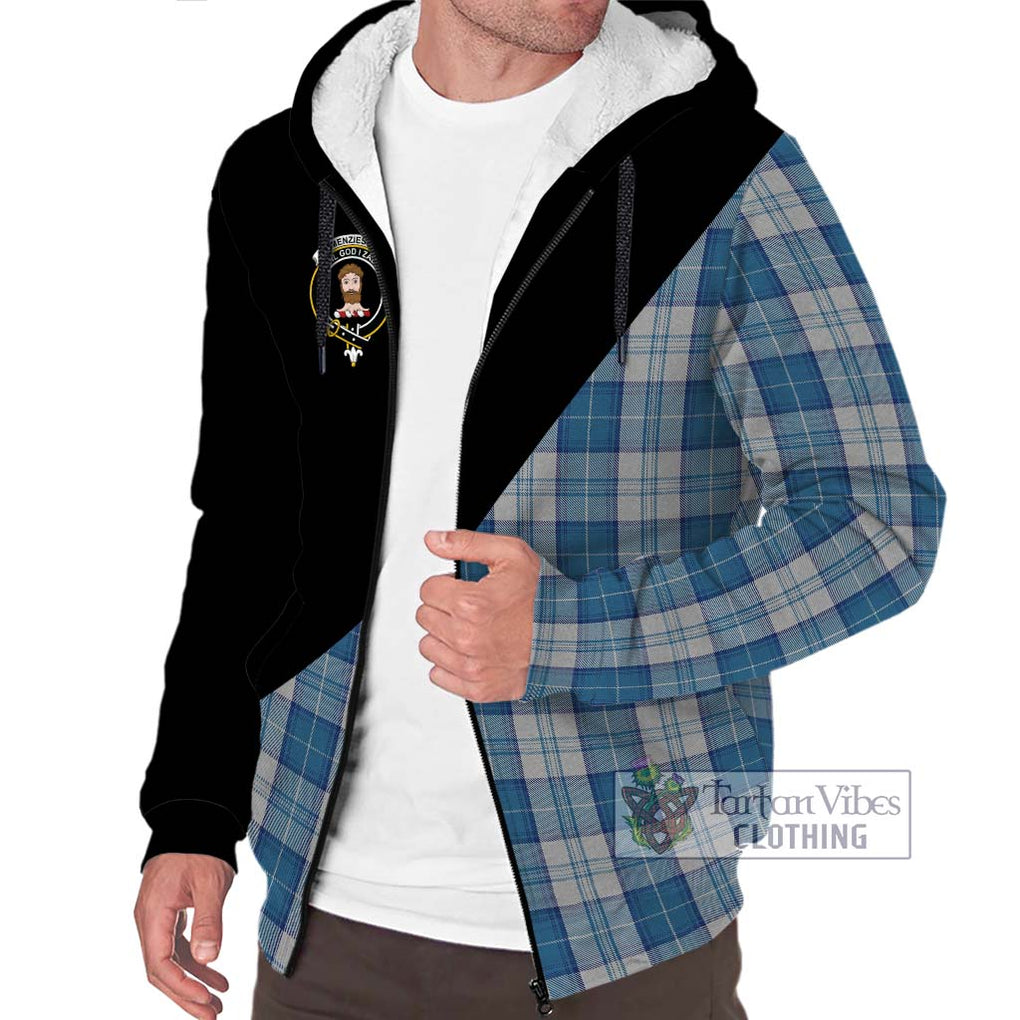 Menzies Dress Blue and White Tartan Sherpa Hoodie with Family Crest and Military Logo Style Unisex S - Tartanvibesclothing Shop