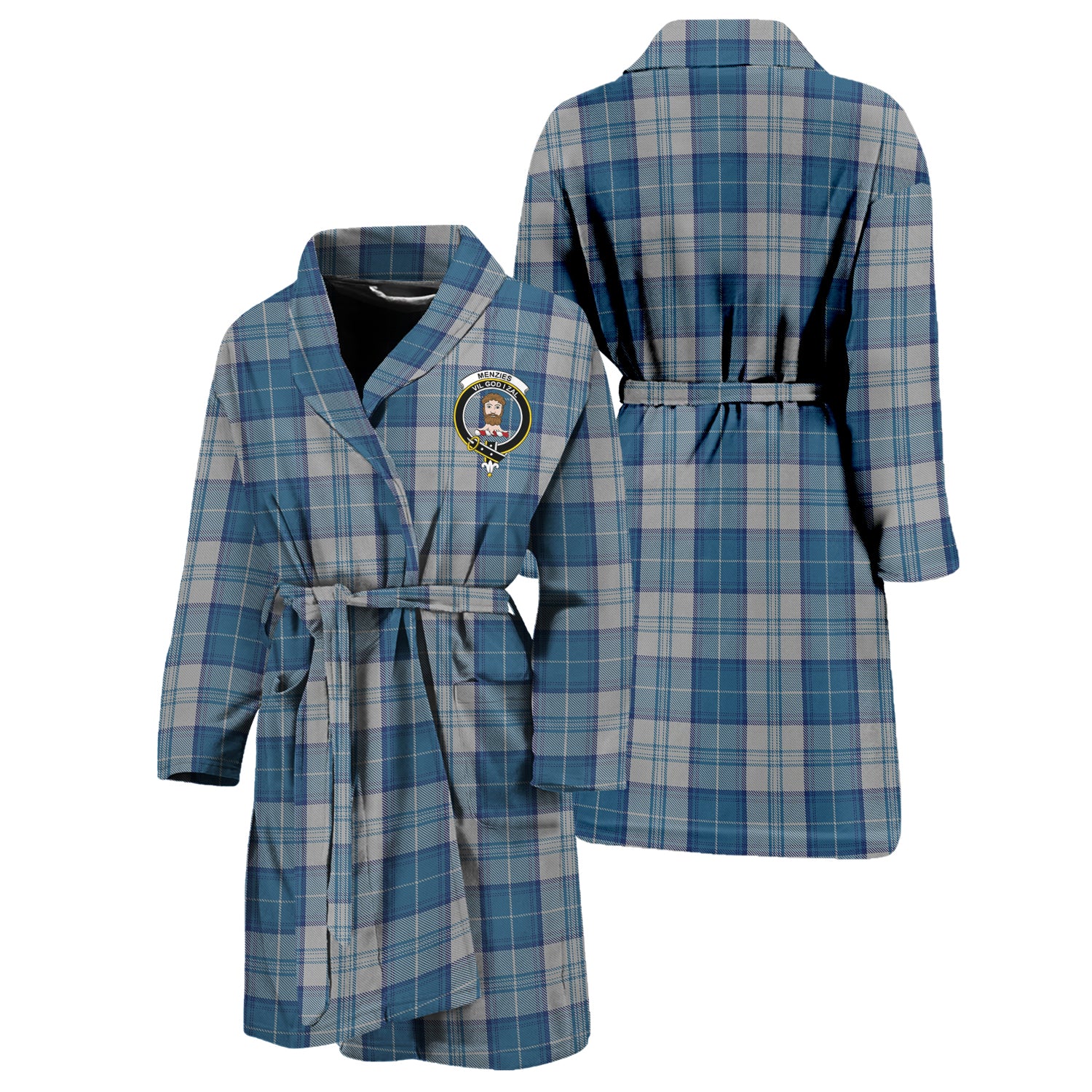 Menzies Dress Blue and White Tartan Bathrobe with Family Crest Unisex S - Tartan Vibes Clothing