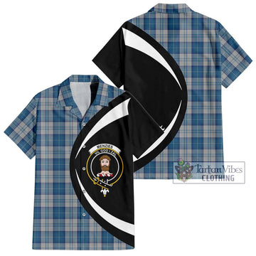 Menzies Dress Blue and White Tartan Short Sleeve Button Up with Family Crest Circle Style