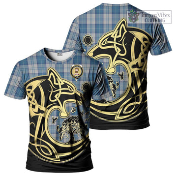 Menzies Dress Blue and White Tartan T-Shirt with Family Crest Celtic Wolf Style