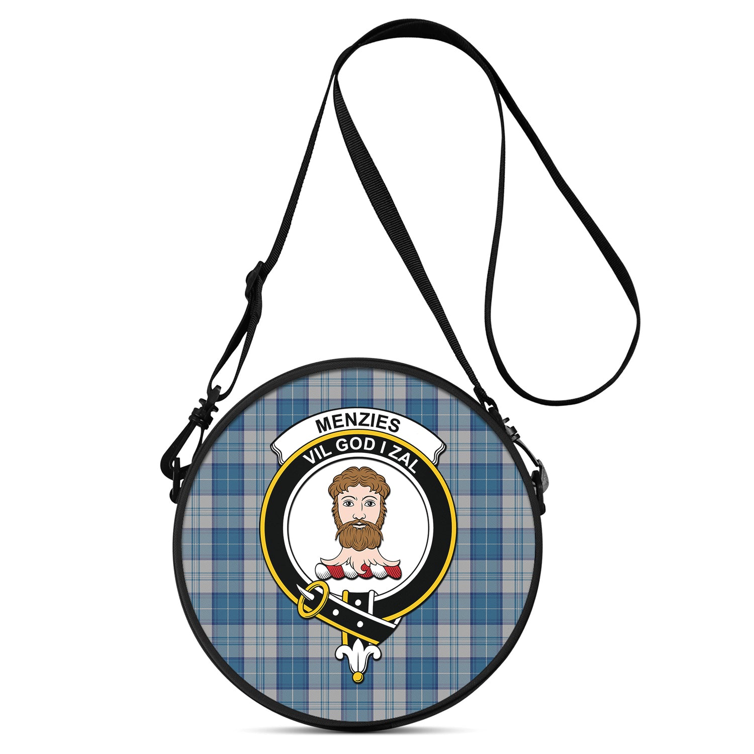 menzies-dress-blue-and-white-tartan-round-satchel-bags-with-family-crest