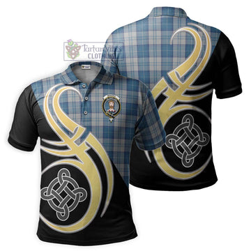 Menzies Dress Blue and White Tartan Polo Shirt with Family Crest and Celtic Symbol Style