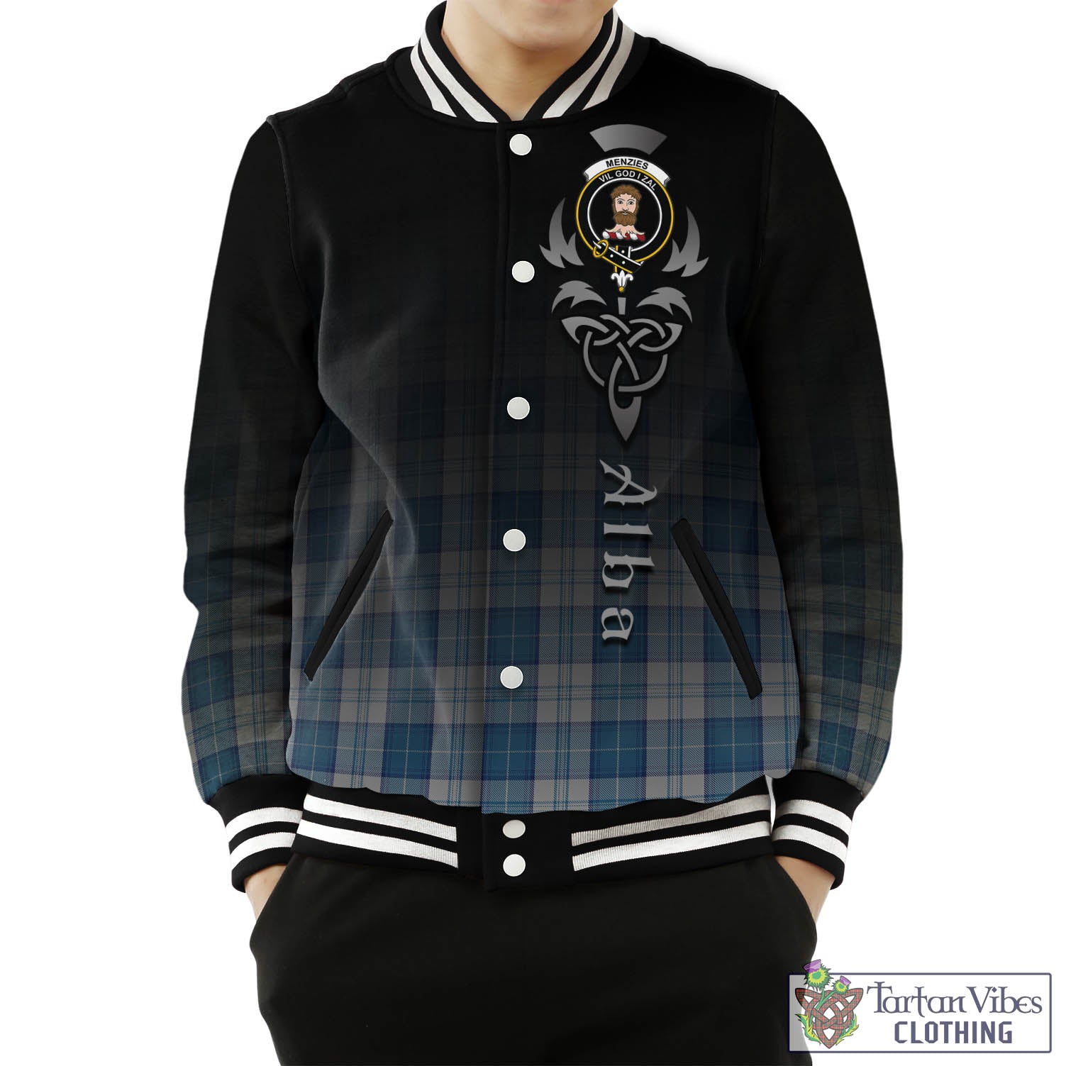 Tartan Vibes Clothing Menzies Dress Blue and White Tartan Baseball Jacket Featuring Alba Gu Brath Family Crest Celtic Inspired