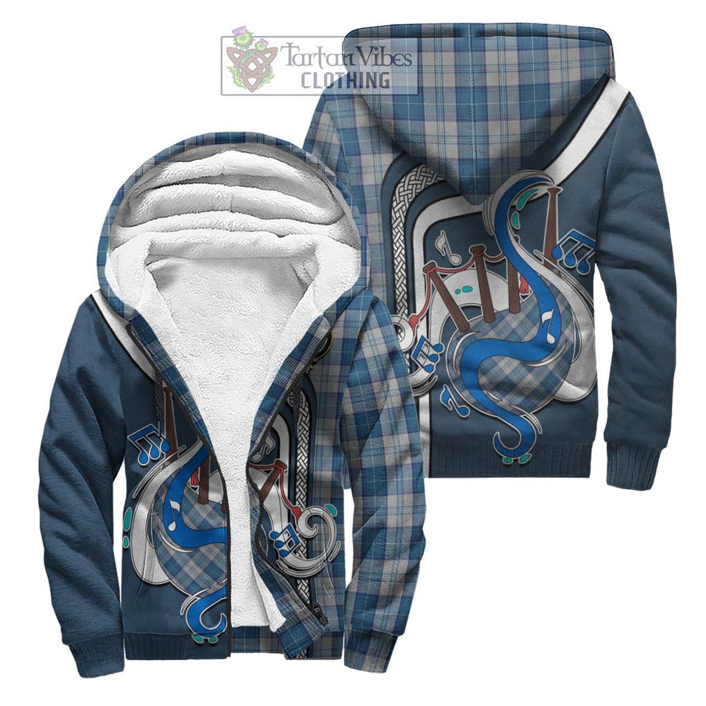 Menzies Dress Blue and White Tartan Sherpa Hoodie with Epic Bagpipe Style Unisex S - Tartanvibesclothing Shop