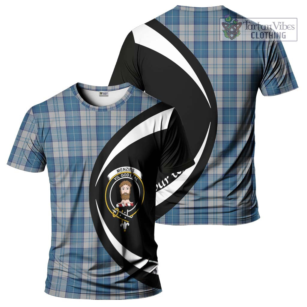 Tartan Vibes Clothing Menzies Dress Blue and White Tartan T-Shirt with Family Crest Circle Style