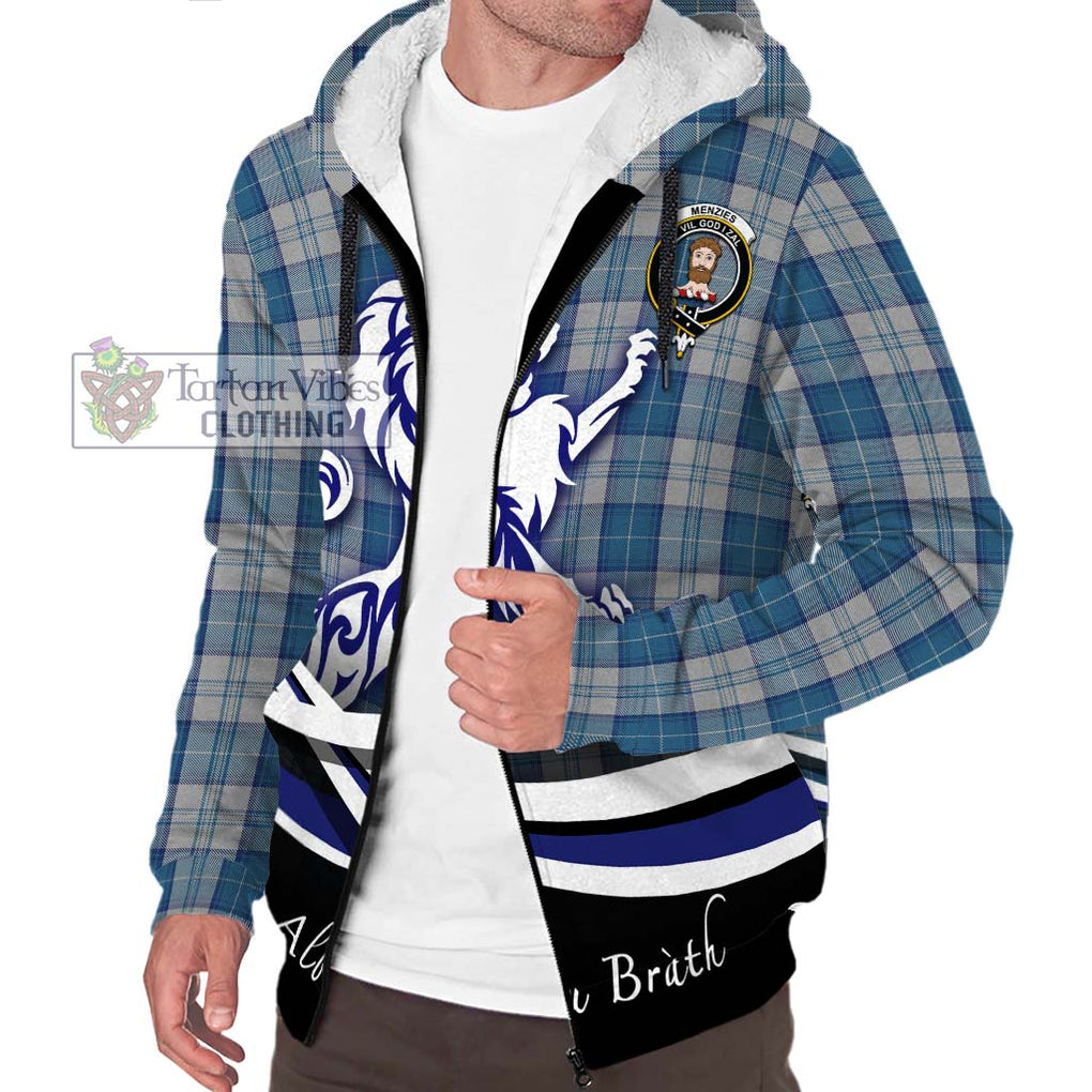 Menzies Dress Blue and White Tartan Sherpa Hoodie with Alba Gu Brath Regal Lion Emblem Unisex S - Tartanvibesclothing Shop