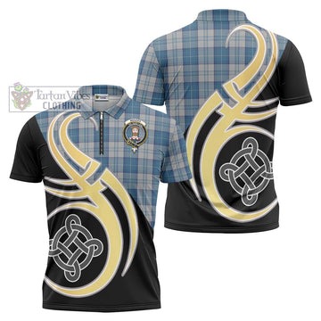 Menzies Dress Blue and White Tartan Zipper Polo Shirt with Family Crest and Celtic Symbol Style