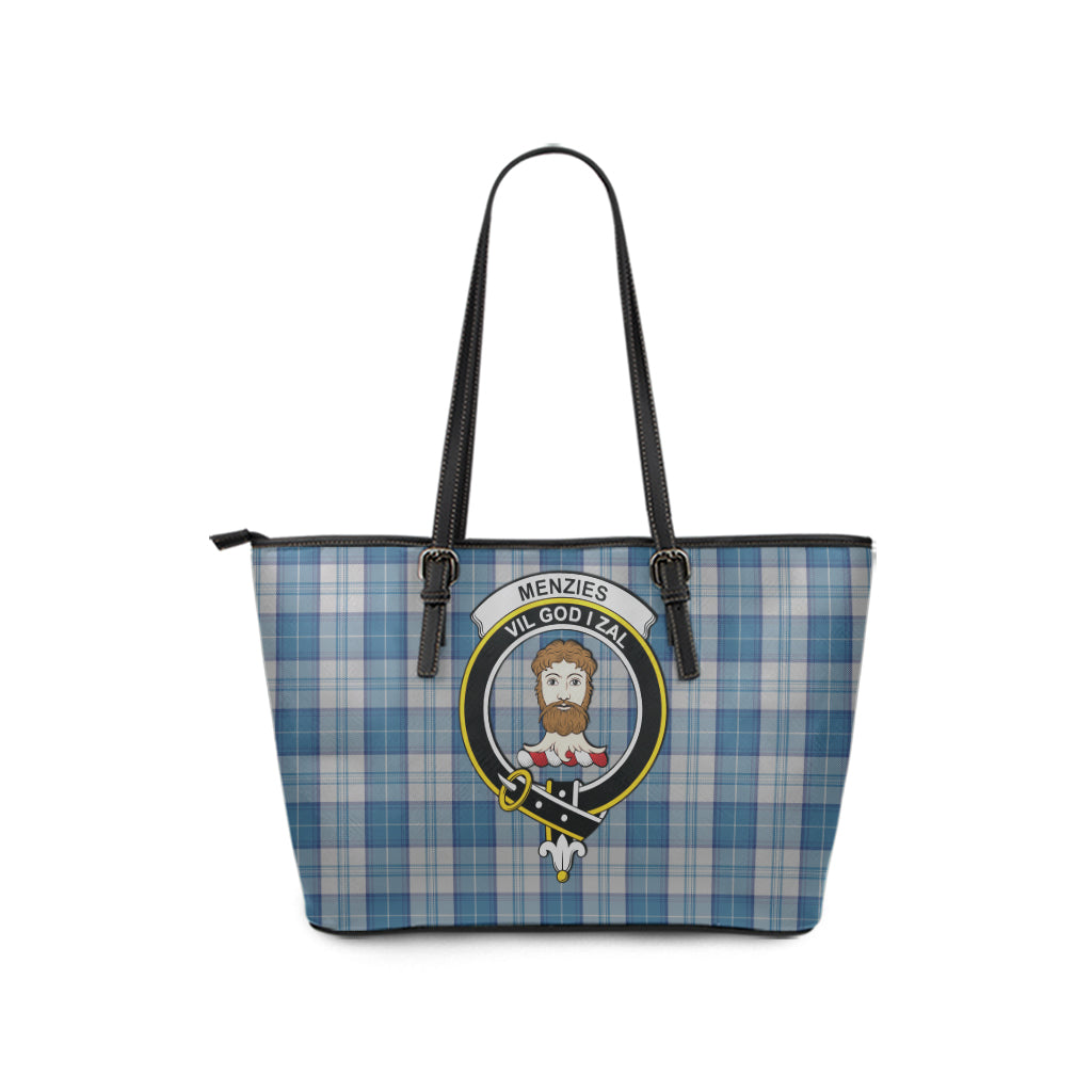 Menzies Dress Blue and White Tartan Leather Tote Bag with Family Crest - Tartan Vibes Clothing