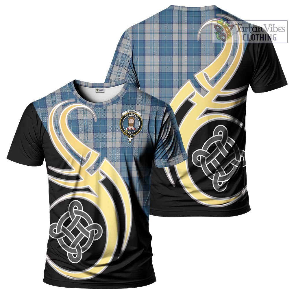 Tartan Vibes Clothing Menzies Dress Blue and White Tartan T-Shirt with Family Crest and Celtic Symbol Style