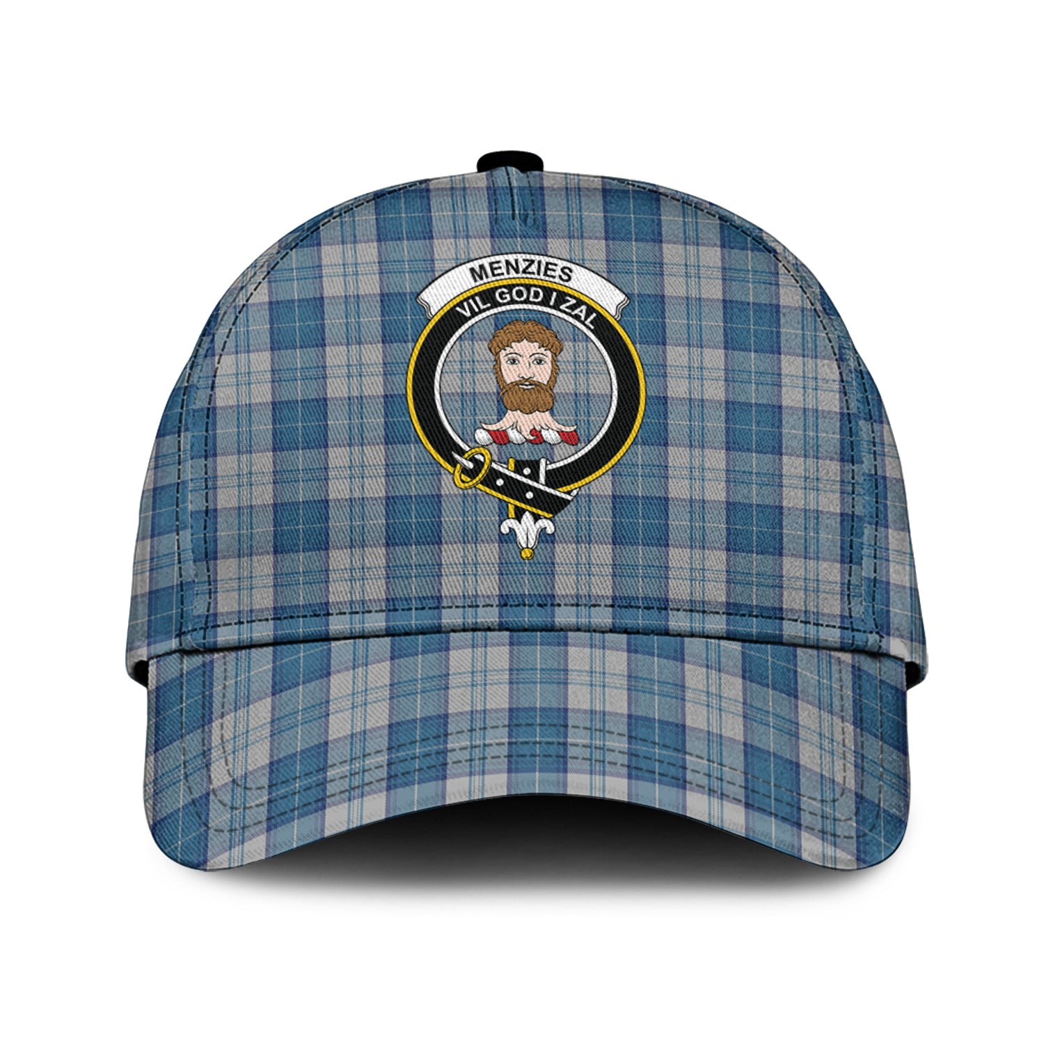 menzies-dress-blue-and-white-tartan-classic-cap-with-family-crest